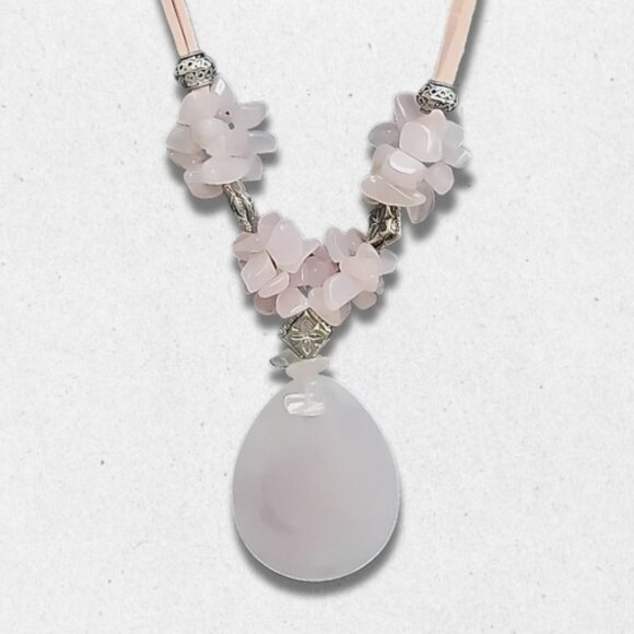 Quartz Necklace Silver tone Beads Suede Cord Customizable Length Light Pink W OS - Picture 2 of 5